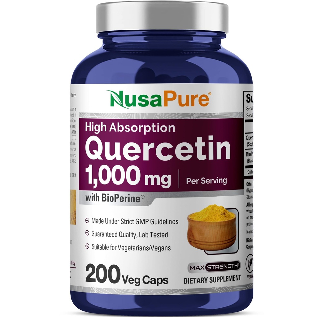 NusaPure Quercetin 1000mg - 200 Kasviskapselit (ei-GMO, Vegan, kasvissyöjä) Bioperine