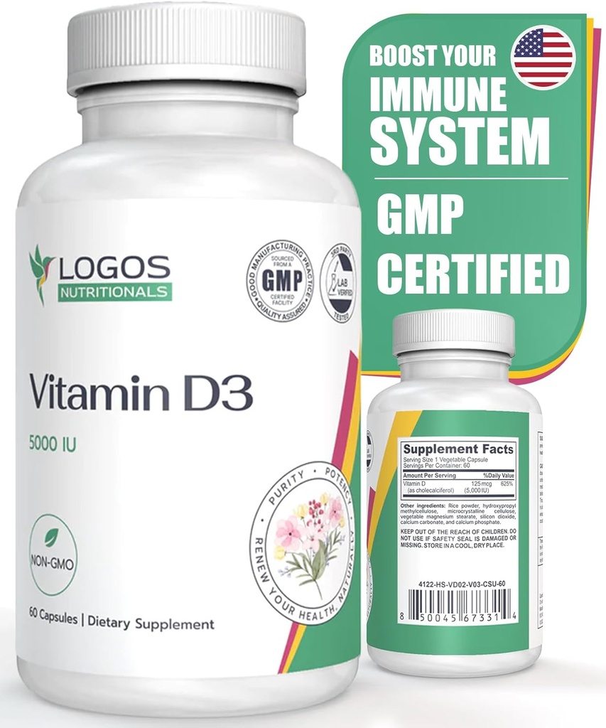 Vitamin D3 Supplement - Vitamin D-5000 IE - Stöd hälsosamma ben, tänder, muskler, kardiovaskulär och immunfunktion - Dairy-Free, Soy-Free - 60 kapslar