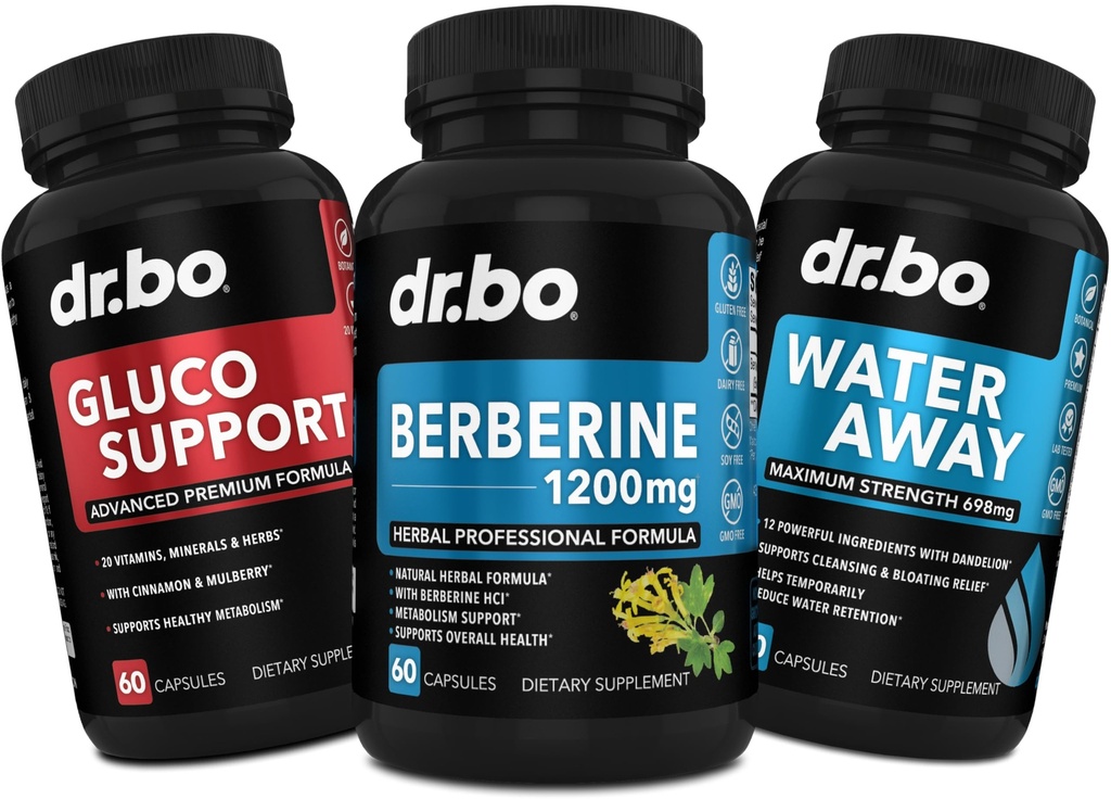 DR BO Berberine Supplement Metabolism Support & Water Pills - 1200mg Berberine HCL Supplement för hälsosamt metaboliskt stöd - Premium HCL 600mg Per Capsule & Water Pills Diuretics Retention