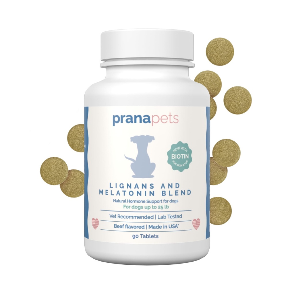 PranaPets Lignans & Melatonin med Biotin Blend naturligt hjälpmedel för att lindra symtom på Cushing i hundar upp till 25 lb | Främja hälsosam balans och övergripande välbefinnande