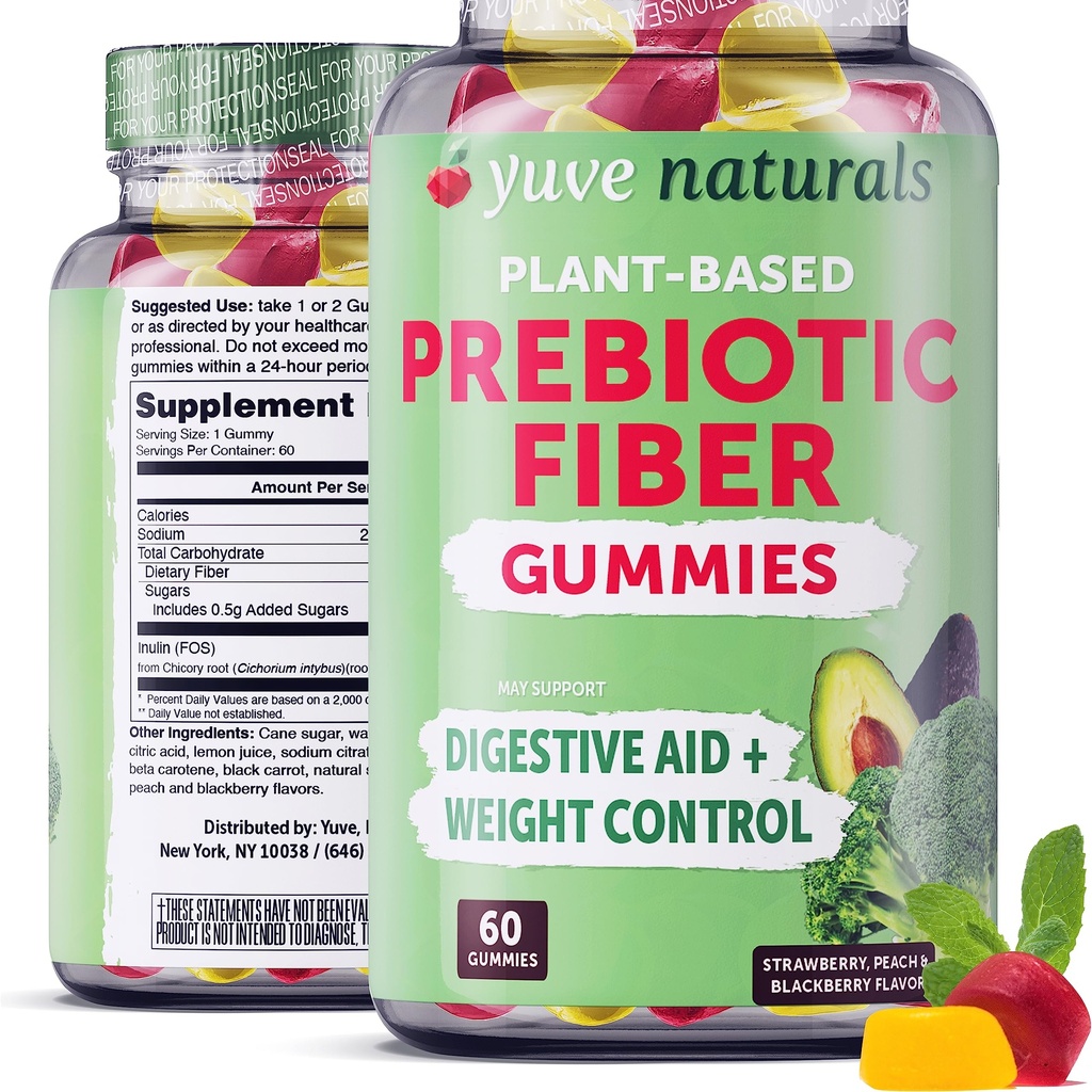 Yuve Prebiotic Fiber Gummies - herkullinen - 3g Liukoinen kuitu täydentää - tukee Ruoansulatuskanavan terveys & Säännöllisyys - Vegaani & gluteeniton kuitu Gummies aikuisille & lapsille - ei-GMO & alhainen sokeri - 60