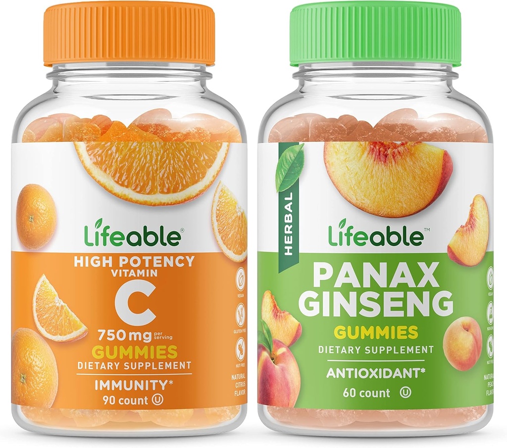 Livlig vitamin C 750mg + Panax Ginseng, Gummies Bundle - Great Tasting, Vitamin Supplement, Gluten Free, GMO Free, Chewable Gummy