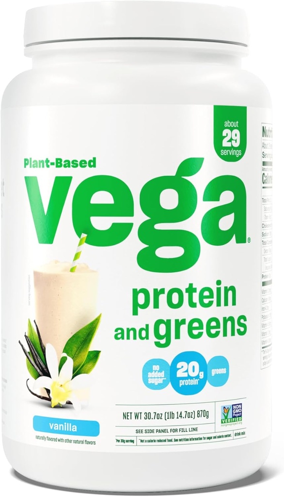 Vega Protein och Greens Protein Powder, Vanilla - 20g Plant Based Protein Plus Veggies, Vegan, Non GMO, Pea Protein för kvinnor och män, 1.9lbs