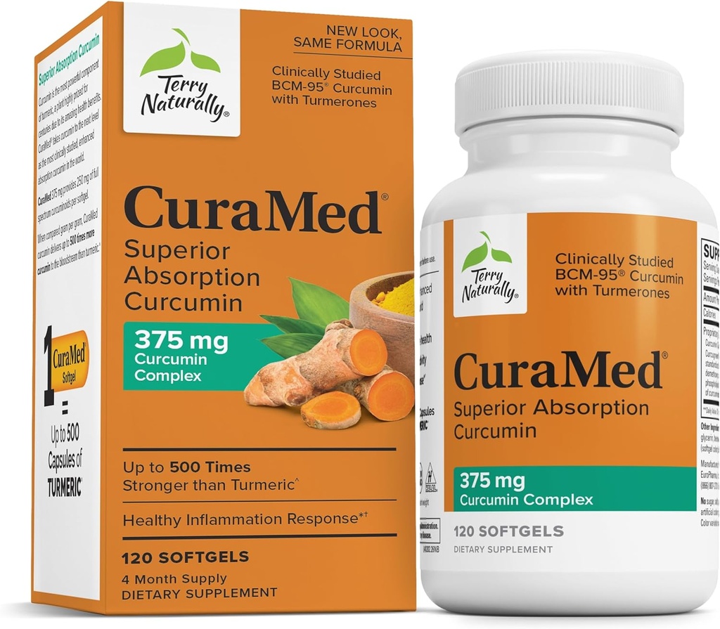 Terry Naturligt CuraMed 375mg - Antioxidant Supplement för hjärn- och immunhälsostöd - Kosttillskott med Curcumin & Turmeric Essential Oil - Herbal Liver Support - 120 Softgels