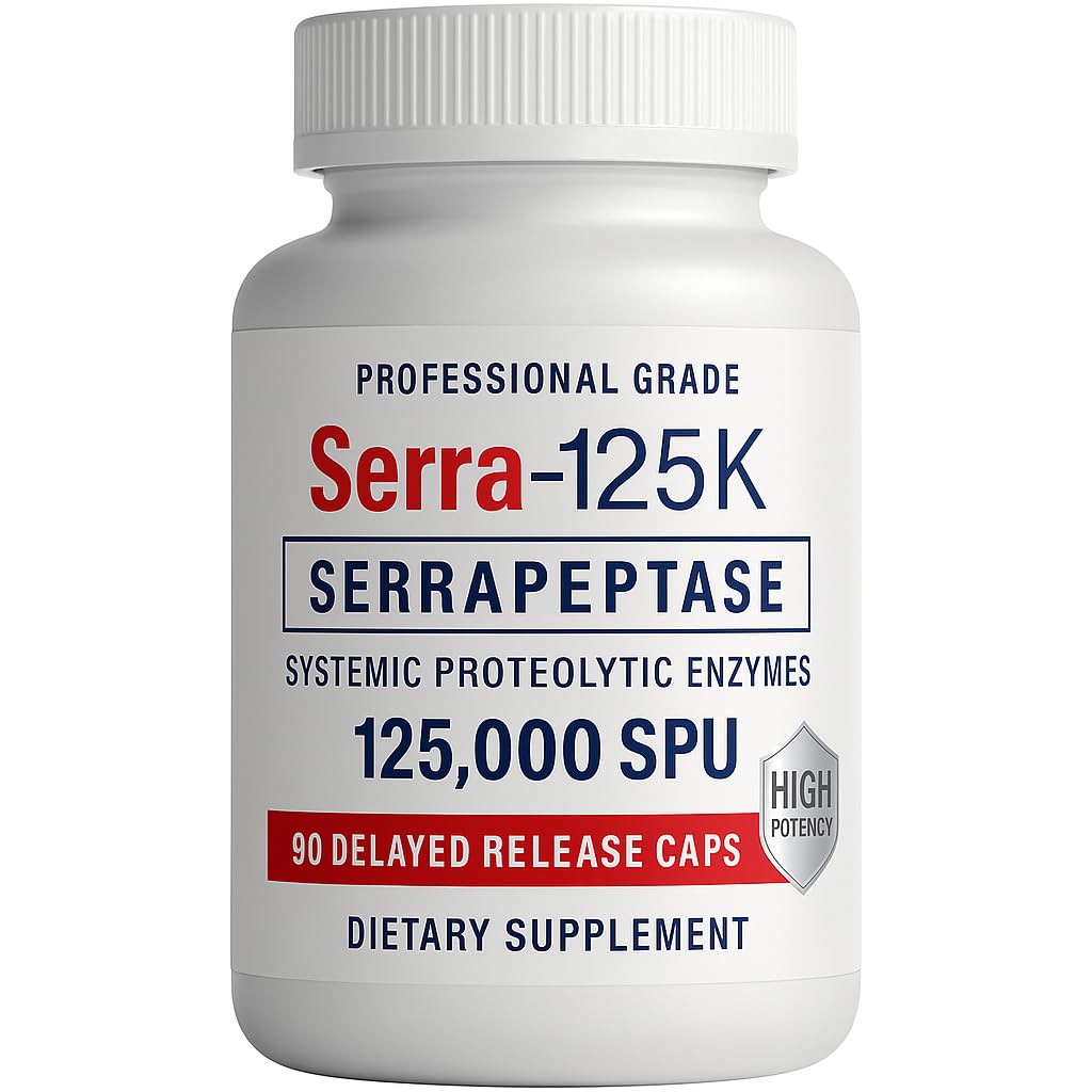 Serra-125k Extra Strength Serrapeptaasi 125,000 SPU, 90 Vegan-kapselia, Viivästynyt vapautuminen, systeemiset entsyymit, tukee terveitä sinuseja ja tervettä immuunijärjestelmää, ei-muuntogeenisiä organismeja ja kaikkia luonnollisia
