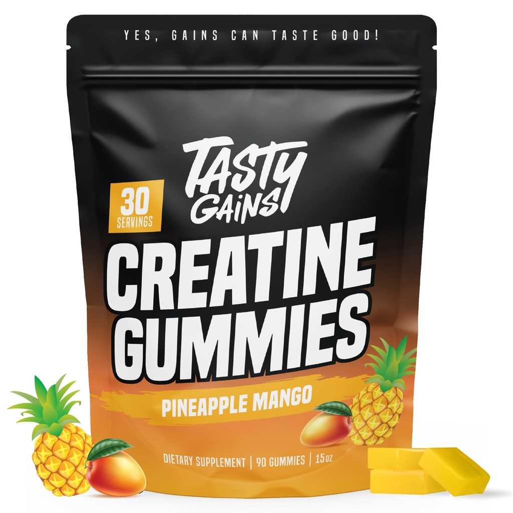 TASTY GAINS Creatine Gummies - 90g av kreatinmonohydrat - Träningstillskott - Bygg muskler och öka styrkan för män och kvinnor - Gjord i USA - Non GMO - Vegan Friendly (Large, Pineapple Mango)
