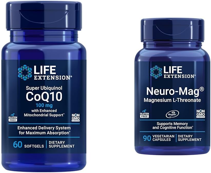 Life Extension Super Ubiquinol CoQ10, jossa on tehostettu mitokondrioiden tuki & neuromag magnesium-L-treonaatti, magnesium-L-treonaatti