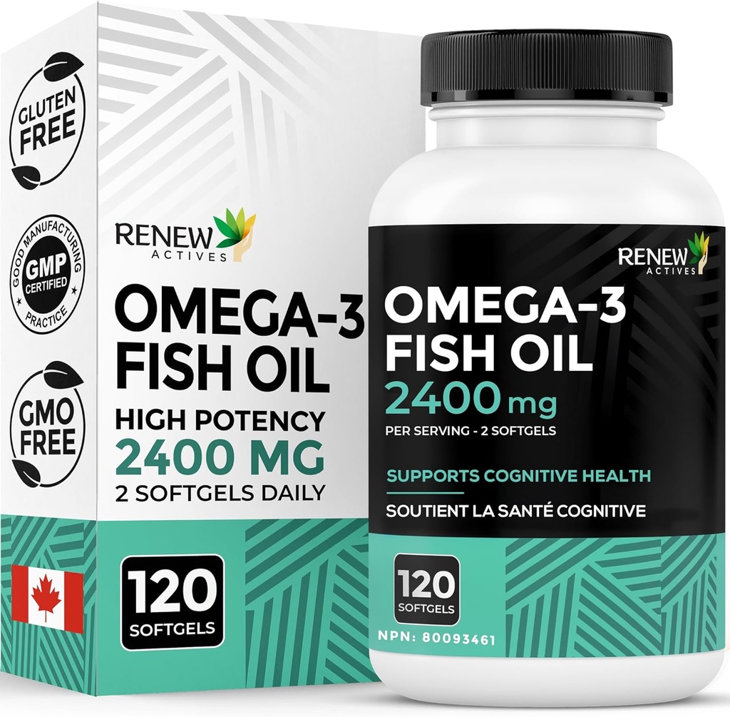 Renew Actives Omega-3 Fish Oil 2400MG per 2 Softgels - 720MG EPA & DHA - Tukee sydän, aivot, silmien terveys, & Triglyseride Reduction - No Fishy Aftertaste - Made in Canada - 120 Softgels