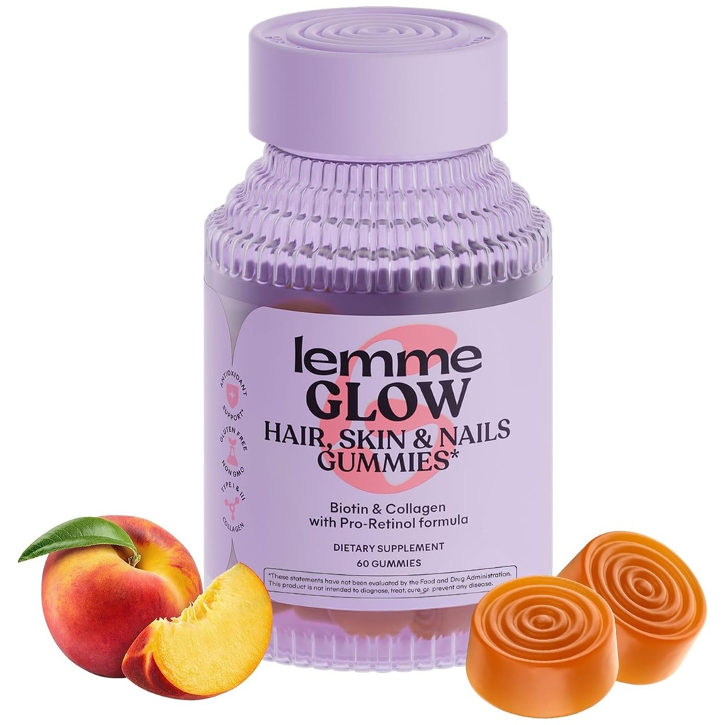 Lemme Glow Collagen Gummies for Thick Hair, Strong Nails & Healthy Skin med Multi-Collagen Peptides, Biotin, Trace Minerals, Zink, Vitamins A, C & E, Dairy & Gluten Free, Peach Flavor, 60 ct.