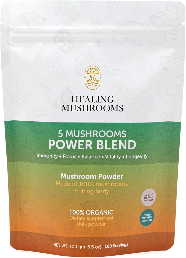 5 Mushrooms Power Bland, Organic Powder med Lions Mane, Reishi, Cordyceps, Turkiet Tail, Chaga. 100 Gram