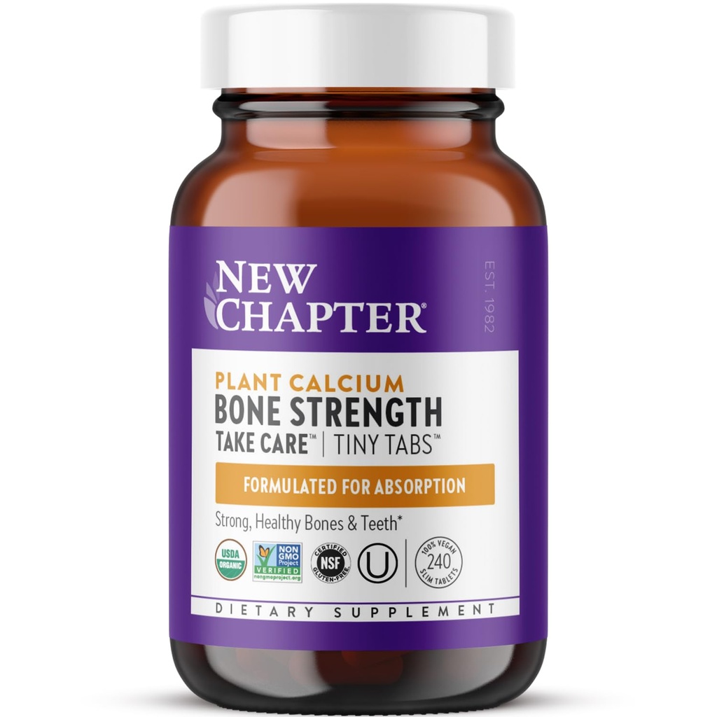 Uusi luku Kalsium täydentää - Bone Strength Tiny Tabs Plant-Based Organic Kalsium magnesium, D3+K2, Bone Health & Joint Mobility, Heart Support, 905 mg annos - 240 Tiny Tabs