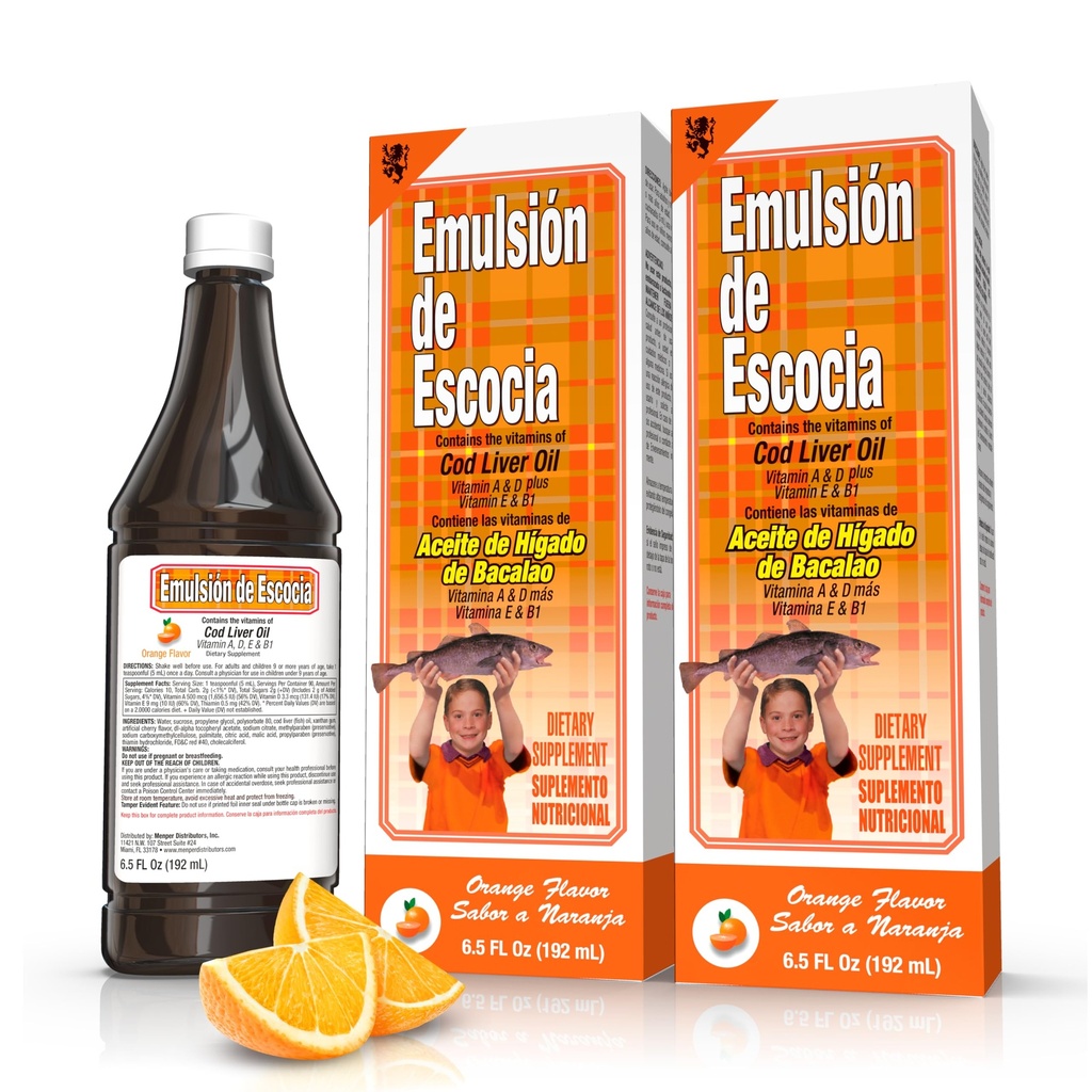 Emulsión de Escocia Cod Liver Oil Complex A, D, E, B1 - Natural Orange Flavor Dietary Supplement for Immune Support & Bone Health - Essential Omega 3 Fish Oil - 6,5 oz (2-Pack)