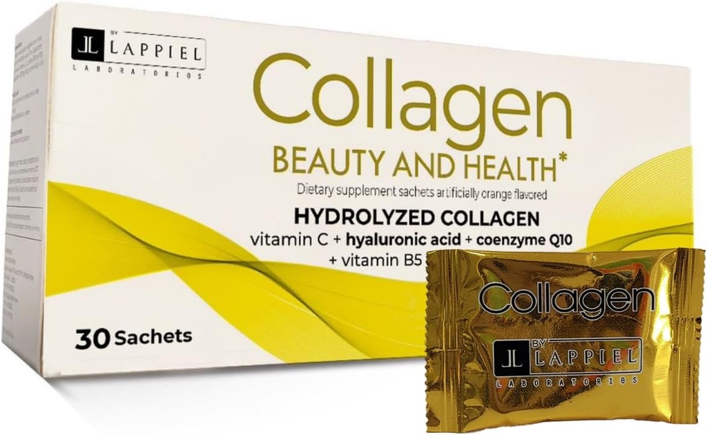Hydrolyzed Collagen Peptides 30 jauhepakkausta C-vitamiinilla (1000 mg) ja hyaluronihapolla, joka tukee hiuksia, ihoa, kynsiä ja niveliä, oranssia makua, 30 tarjoilua