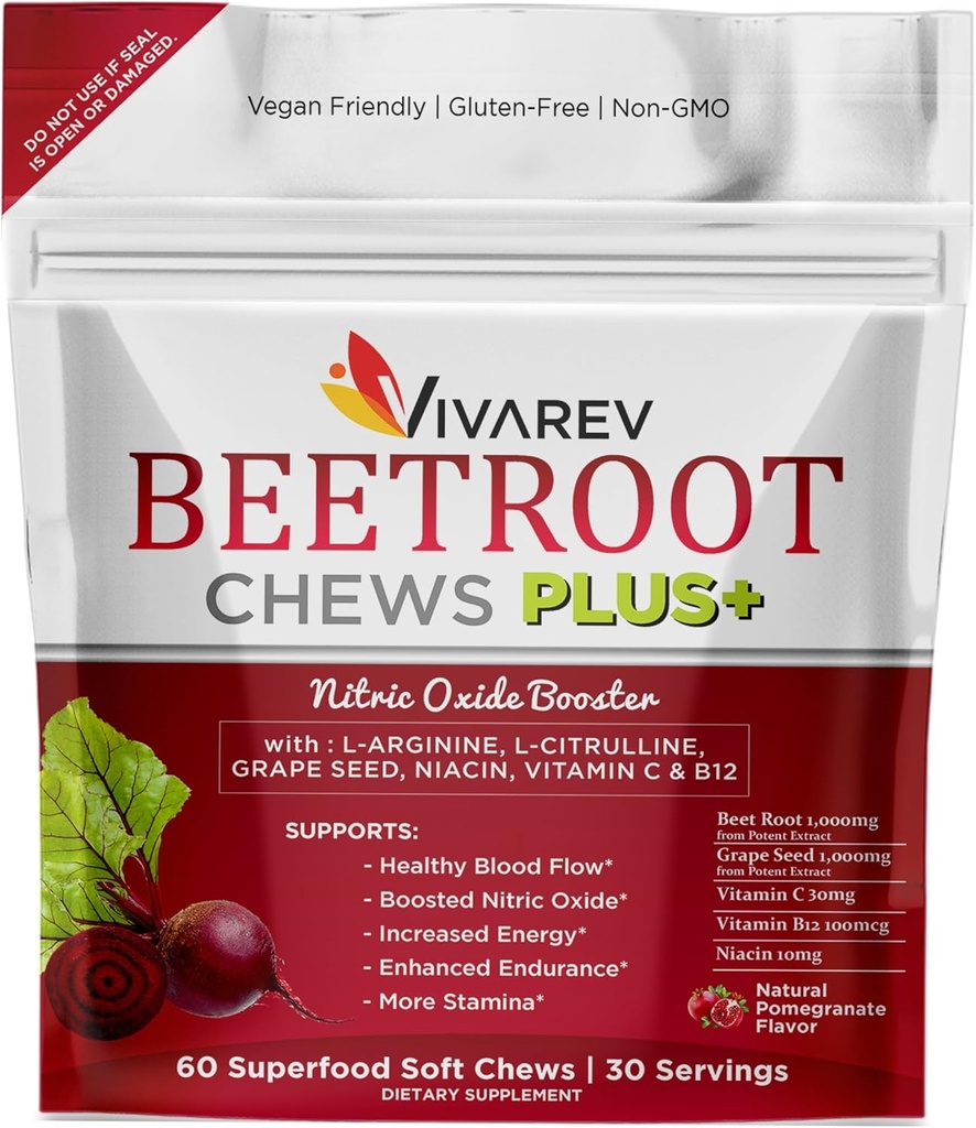 Punajuuret Typpioksidi Supplement - 1000 mg Beet Powder with L Arginine, L Sitruliini, Grape Seed Extract, Niacin, C-vitamiini & B12 - Beet Chews - 60 pakkaus
