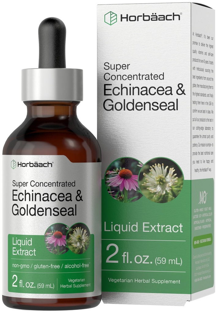 Horbäach Echinacea Goldenseal Liquid Tincture Drops | 2 fl oz | Alkoholfri extrakt | Vegetarisk, icke-GMO, Gluten fri tillägg