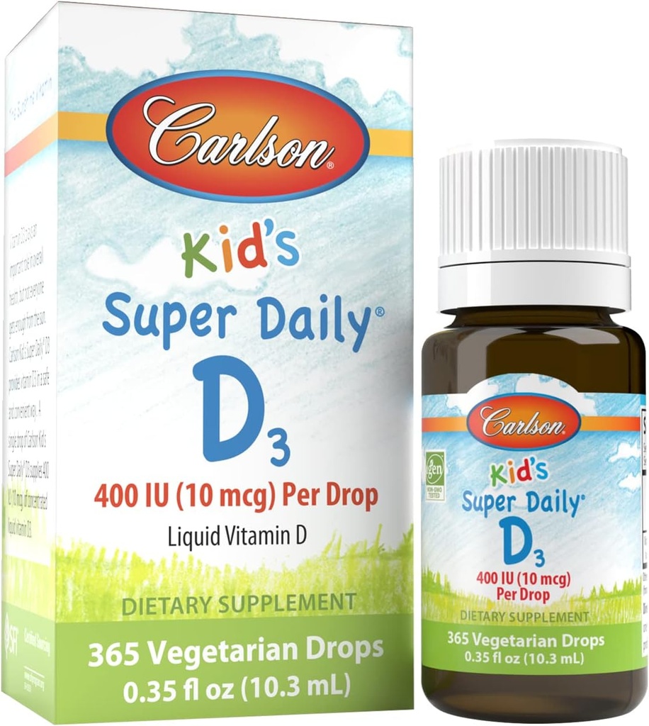 Carlson - Kid's Super Daily D3, Kids Vitamiini D Drops, 400 IU (10 mikrog) per Drop, Heart Health, Immunosupport, kasvissyöjä, Liquid D-vitamiini D Drops, Ei makua, 365 Drops
