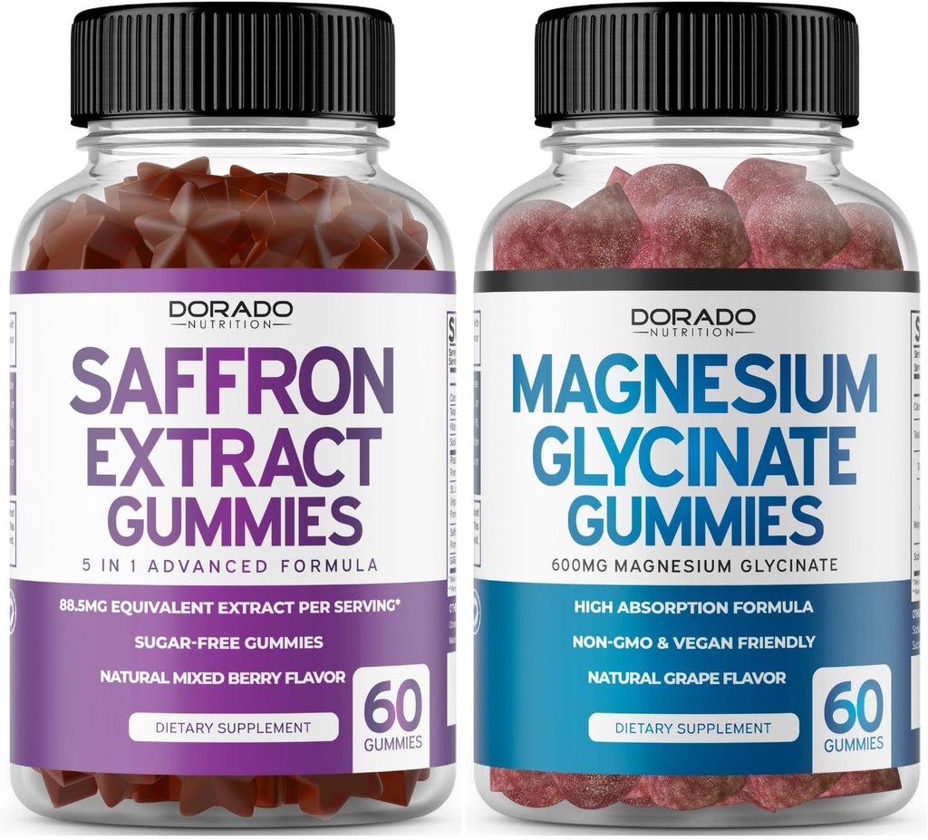 Saffron Supplements (60 Gummies) 5 i 1 Advanced Formula Sugar Free Gummy - Utsökt Raspberry Flavor och Magnesium Glycinate (60 greve) Pure Glycinate Gummy för vuxna - Icke-GMO, Vegan & USA Made