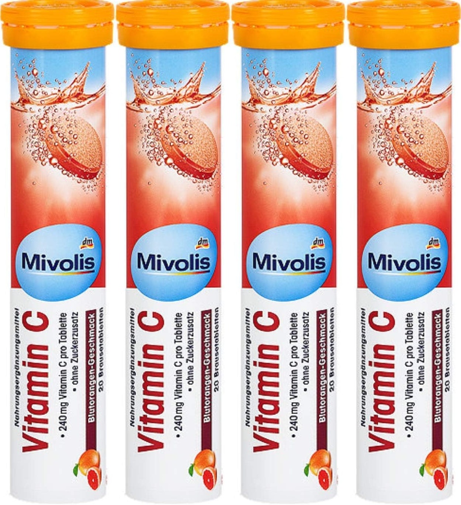 Mivolis C-vitamiinin poreilevat tabletit - ravintolisät 4 pakkausta x 20 kpl Saksa