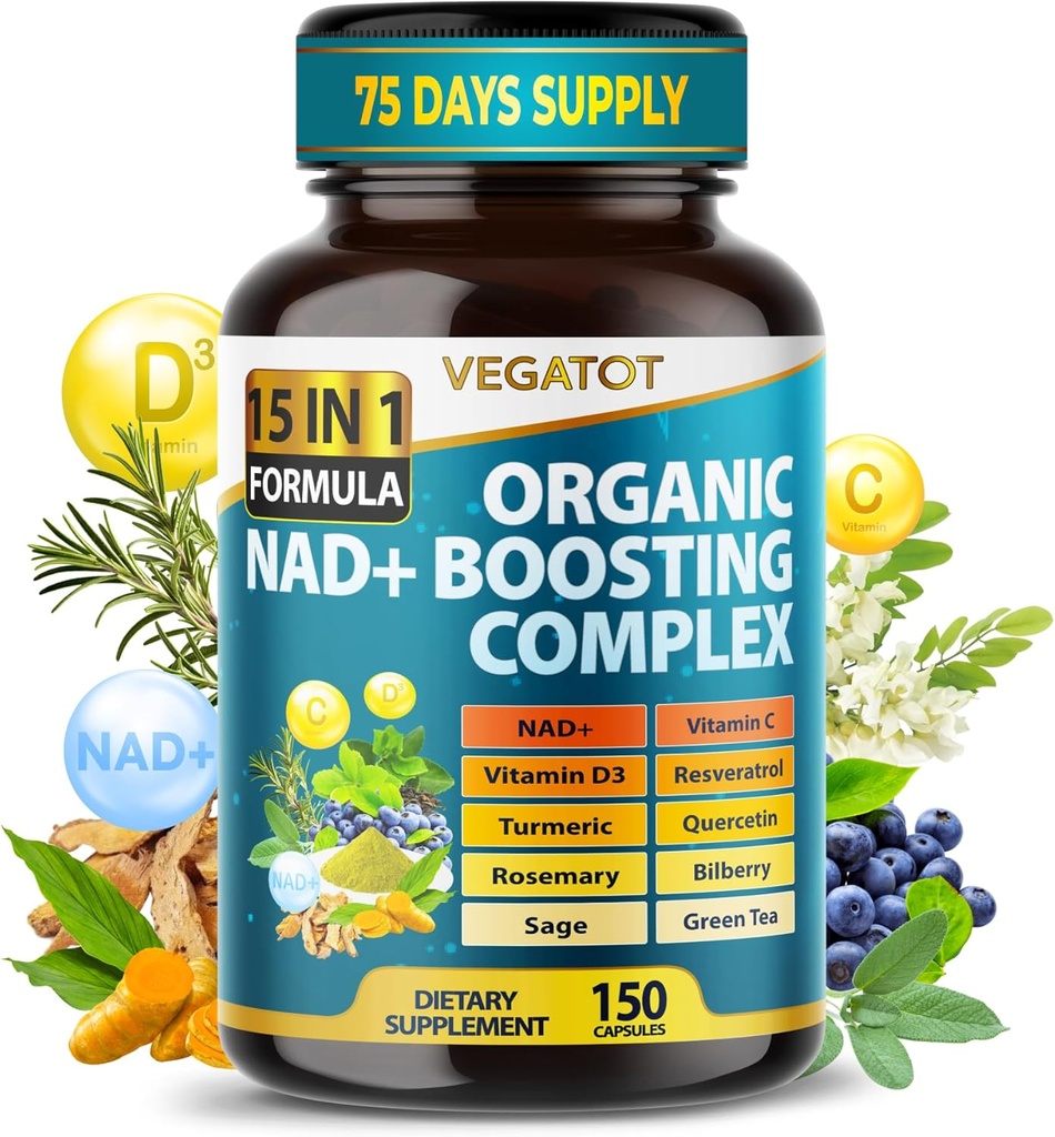 VEGATOT NAD+ Boosting Complex - NAD täydentää naisille ja miehille 15-in-1 Formula Resveratrol Turmeric Quercetin Rosemary Bilberry Sage vihreä tee