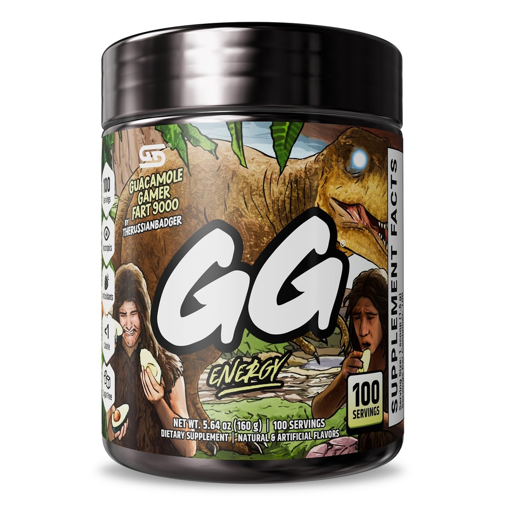 Gamer Supps GG® Energy - Guacamole Gamer Pieru 9000 by TheRussianBadger (100 Servings) - Keto Friendly Gaming Energy ja Nootropic Blend, Sokeriton + Luomu kofeiini + vitamiinit, jauhejuoma