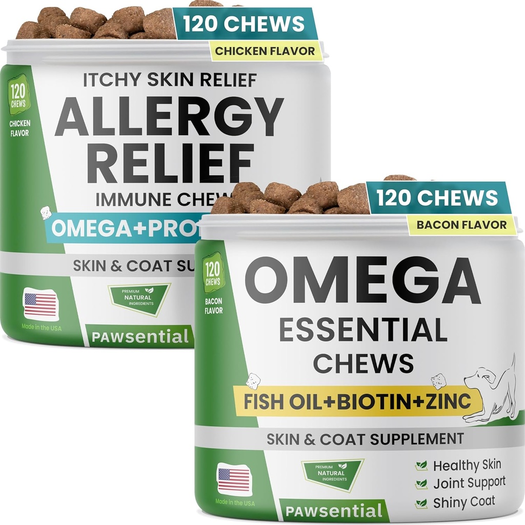 Allergy Relief Dog Chews + Omega Fish Oil - kutiava ihon Relief w/Probiootit + Omega 3 + Colostrum, Omega Skin & Coat Supplement Chews
