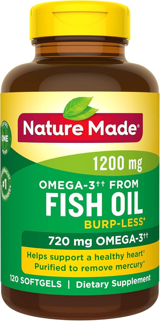 Burp- Less Fish Oil 1200 mg Yksi per päivä, 120 Softgels, Fish Oil Omega 3 täydennysosa Heart Health