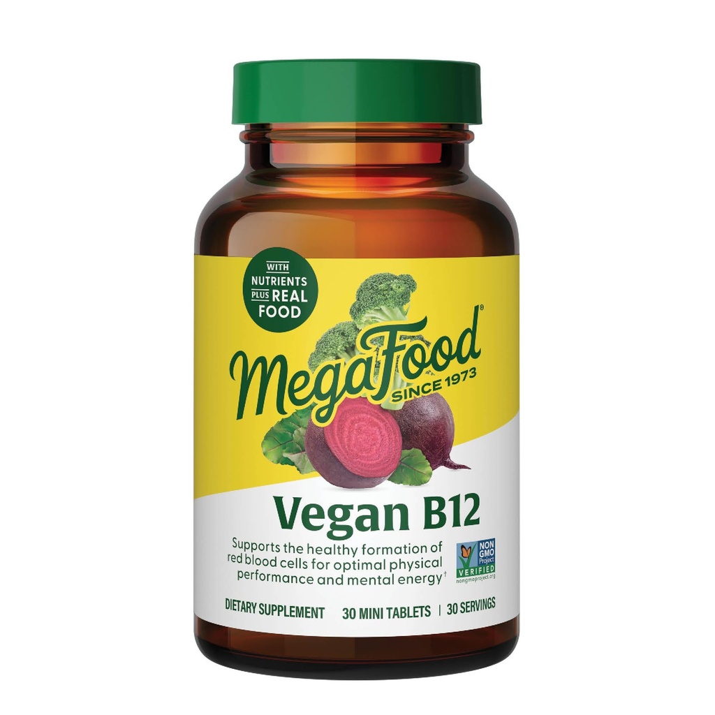 MegaFood Vegaani B12-vitamiini, B-vitamiinilisä B6-vitamiinilla, B12-vitamiinilla ja Foolihapolla, tukee solujen energiantuotantoa, hermoston terveyttä ja kardiovaskulaarista toimintaa - 30 tablettia