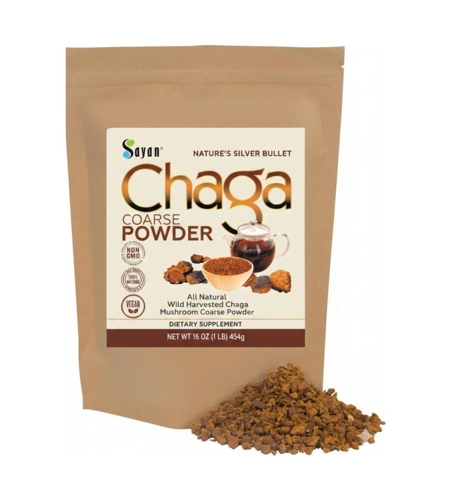 Sayan Siberian Pure Raw Coarse Chaga Powder 1lb / 454g - Premium Wild Forest Harvested Super Antioxidant Tea - Stöder Immune System och Digestive Health - Fokus, energi, klarhet, Wellness - Icke-GMO