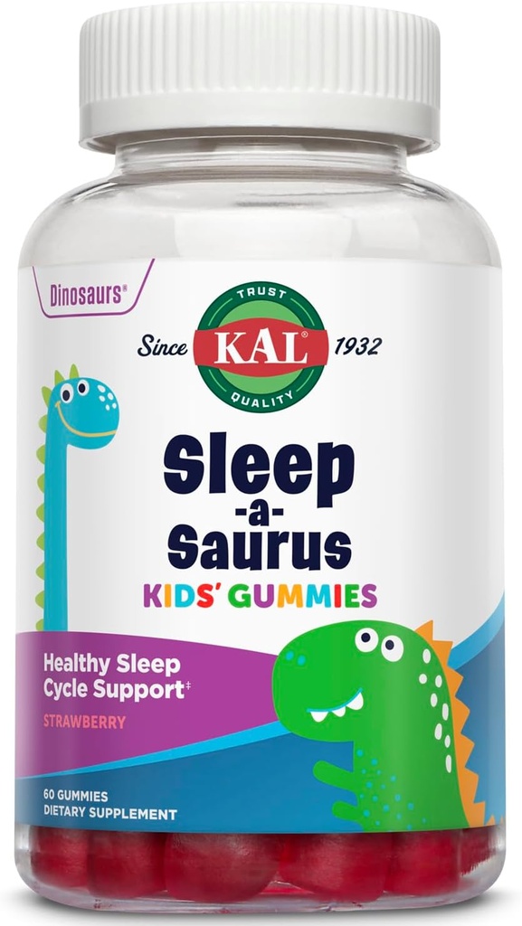 KAL Sleep-a-Saurus Melatoniini Gummies for Kids, 1 mg Melatoniini lapsille Terve unihoito, Vegan & Gluteeniton, Ei keinotekoisia makuja tai värejä, 60 päivän takuu, 60 tarjoilua, 60 Gummy