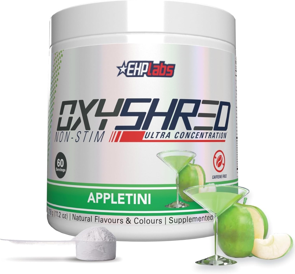 EHP Labs OxyShred Non Stimulant Pre workout Powder - Stim Free Pre workout, Coffeine Free Preworkout miehille & naisille L Glutamiini & Acetyl L Carnitine - Apple, 60 Tarjoilut