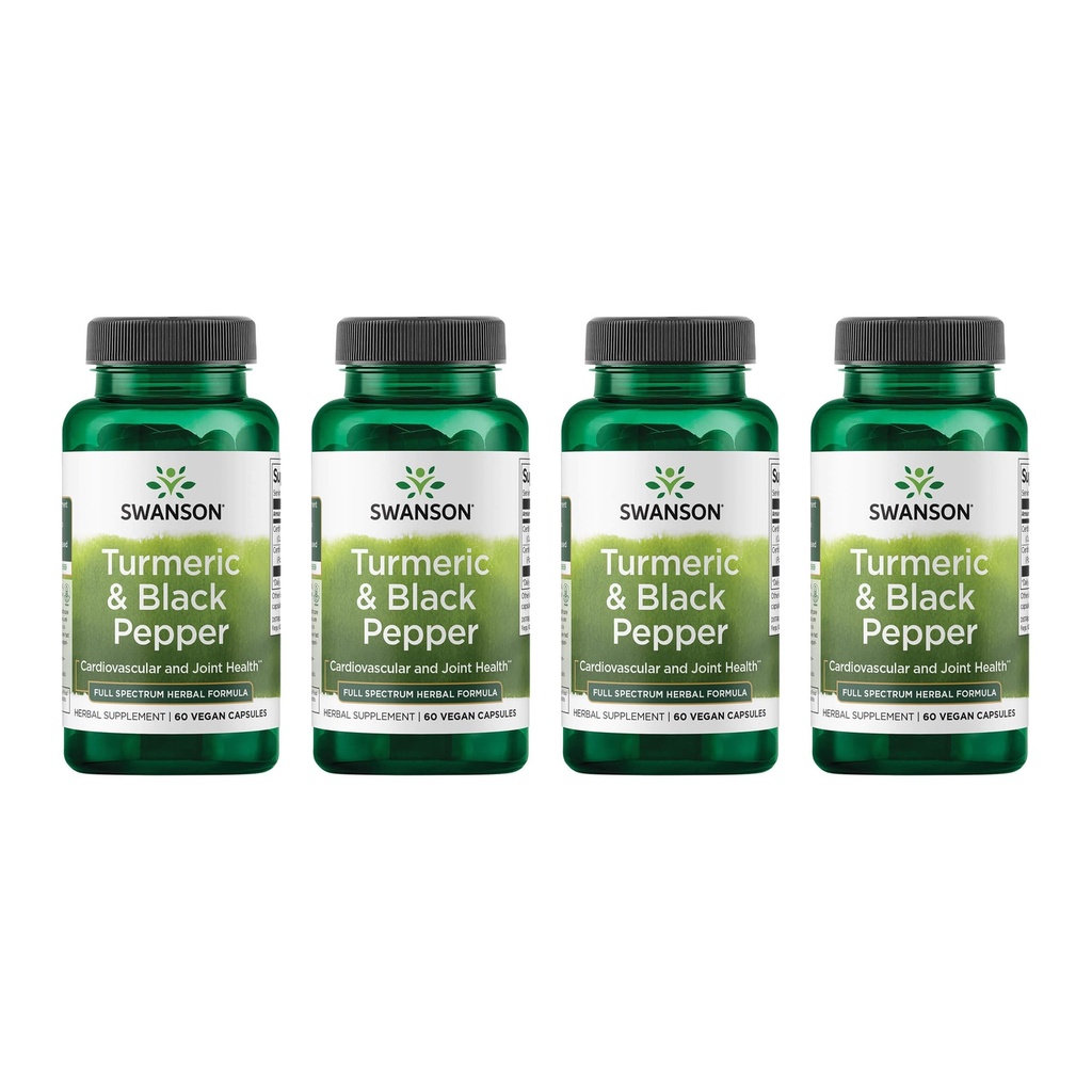 Swanson Turmeric & Black Pepper - Organic Joint Health, Heart Health, Digestion, & Liver Support Supplement - Natural Formula Enhanced Biosability & Imeytyminen - (60 kasviskapselit) 4 pakkaus