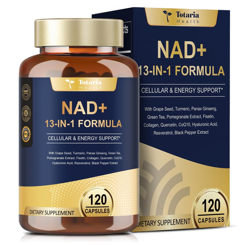 Totaria NAD Supplement för kvinnor män med nikotinamid riboside resveratrol, Quercetin, Betaine Boost NAD+ Nivåer NAD Plus Supplement för anti åldrande, energi, immun, fokus 120 kapslar