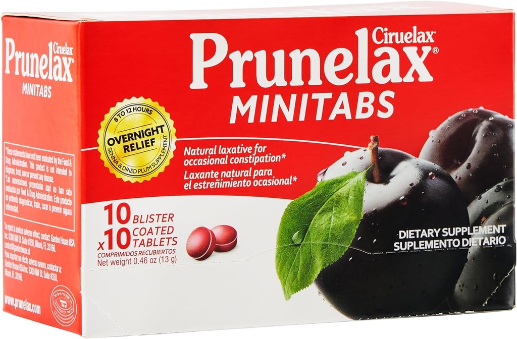 Prunelax Ciruelax Regular Strength Laxative Mini tabletter - Övernattningshjälp för yrkesmässig förstoppning, Senna Extract, Vegan & Gluten-Free, Gentle Relief - 100ct