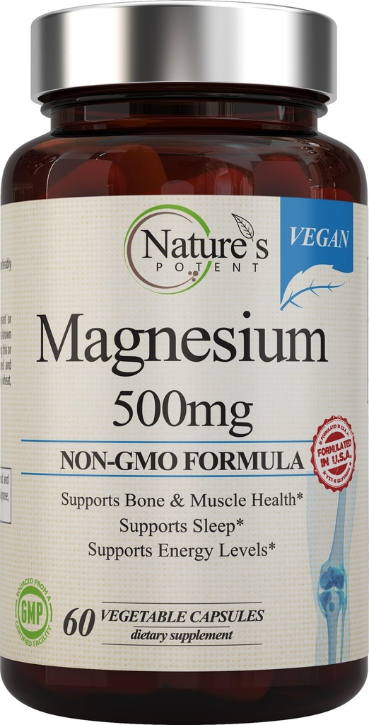 Naturens Potent Magnesium Supplements | Magnesium Citrate & Magnesium Oxide 500mg | Vegan Magnesium Supplement för kvinnor och män | USA Made Magnesium för sömnstöd - 60 Veggie kapslar