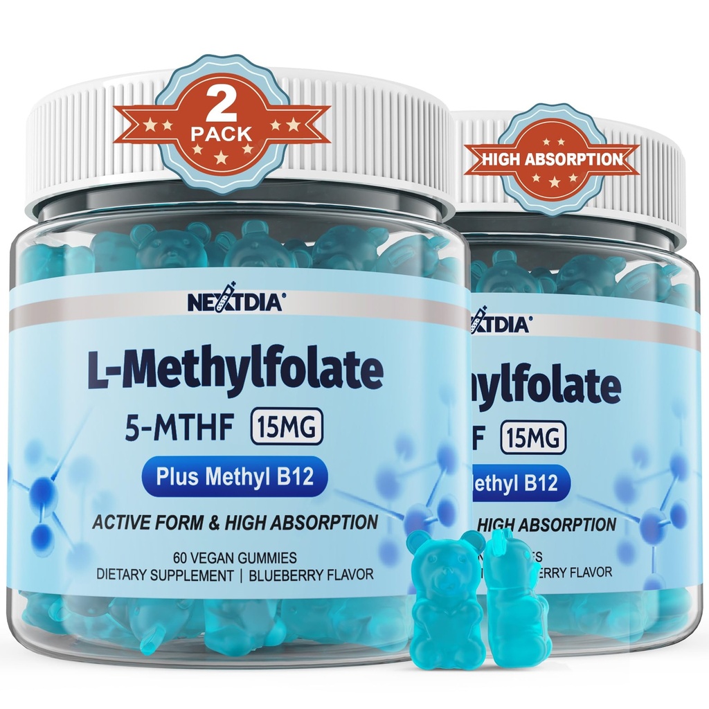 L-MetyyliFolaatti 15 mg & Metyyli B12 Gummies, Methylated B1, B2, B6 Multivitamiinit - Aktiivinen 5-MTHF & High Absorptio - tukee MTHFR Gene, kognitio, homokysteiinitasot, Folaatti Metabolia, Vegan, 120 Cts