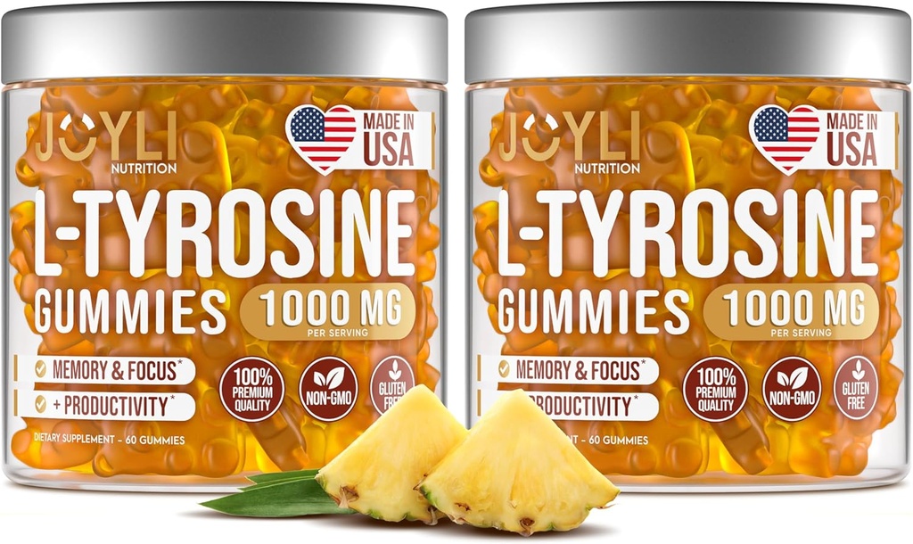 2 Pack - JOYLI L-Tyrosine Gummies 1000MG - Sugar-Free Vegan Focus Supplement & Mood Support för barn & vuxna - 500mg Per Gummy - Sömn Gummies för minne, energi och välbefinnande - 60 Pcs per Pack