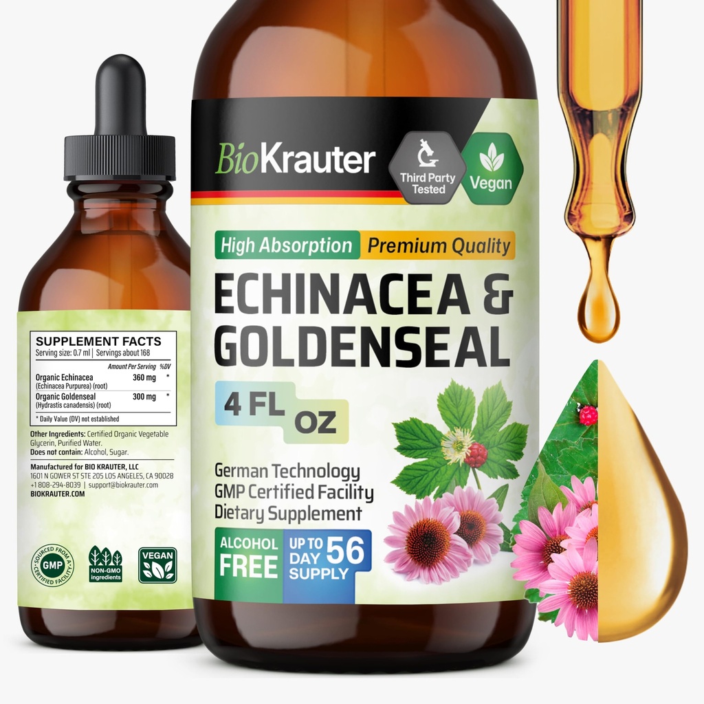 BIO KRAUTER Echinacea ja Goldenseal juurinesteuute - Natural Immuunituki - Echinacea Drops with Goldenseal - Vegaani, alkoholiton ja sokeriton tincture - 4 Fl.Oz.