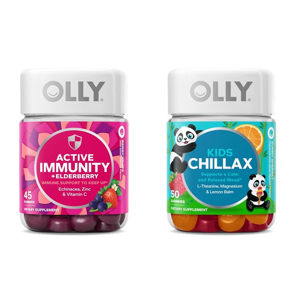 OLLY Gummy Active Immunity+Elderberry, 45 Gummies Kids Chillax, Magnesium Gummies, Lemon Balm, Calm Chews för barn 4+, 50 Count