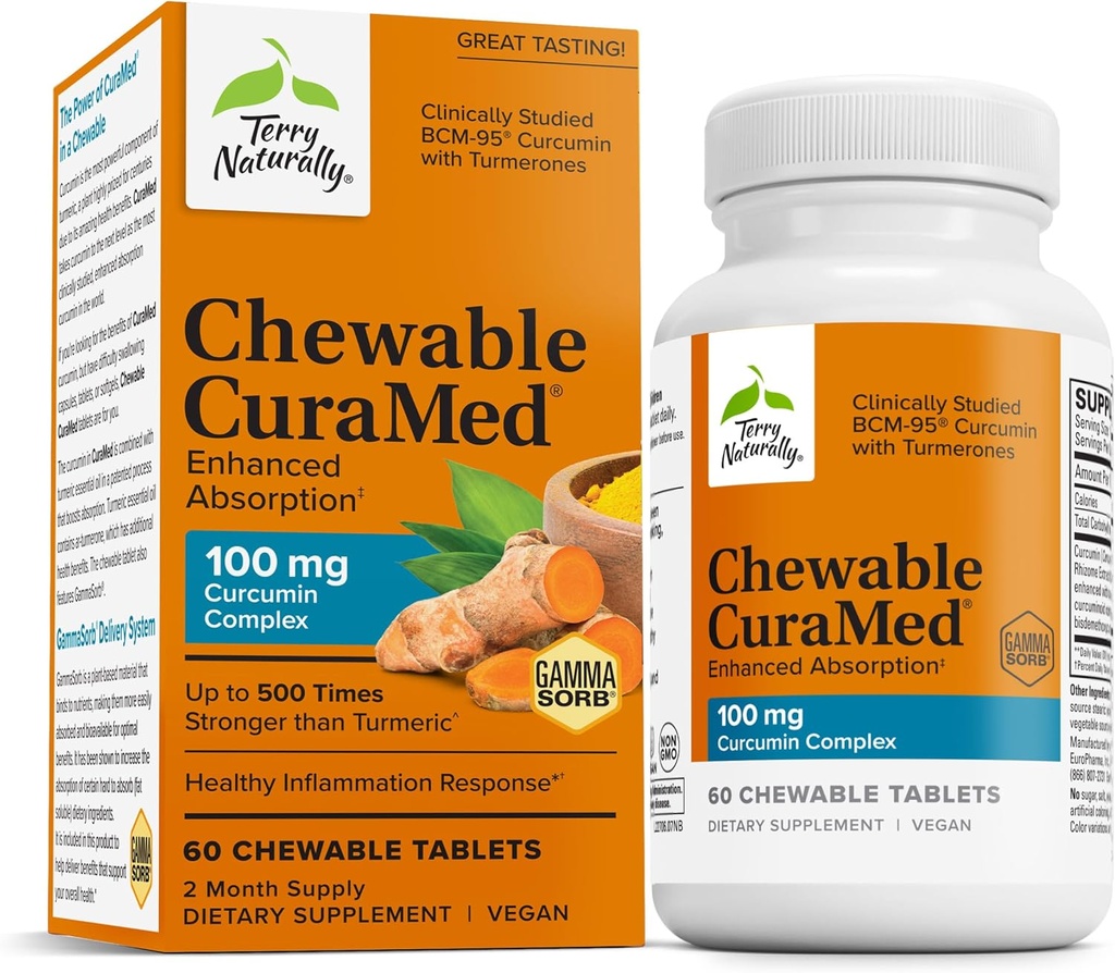 Terry Naturligt CuraMed 100 mg Curcumin Complex - Förbättrad absorption Curcumin Supplement med gurkmeja - Brain & Liver Health Support Supplement - Vegan Dietary Supplement - 60 Chewable Tablets