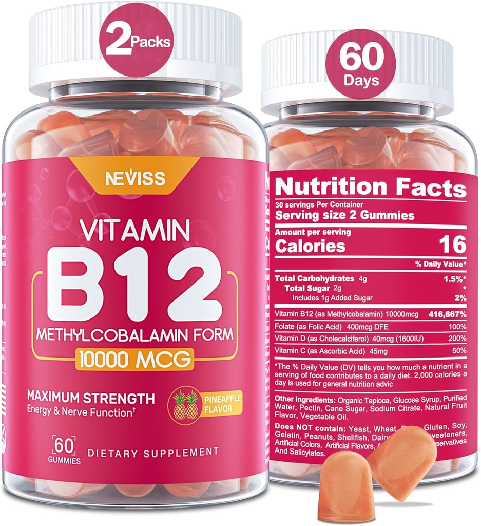 NEVISS-vitamiini B12 10000 mikrog (Metyyli B12) D3-vitamiini, B9-vitamiini Folaatti, C-vitamiini, energia Boost & Metabolia, Hermosto, vahva luu, immuunituki, alhainen sokeri, 120