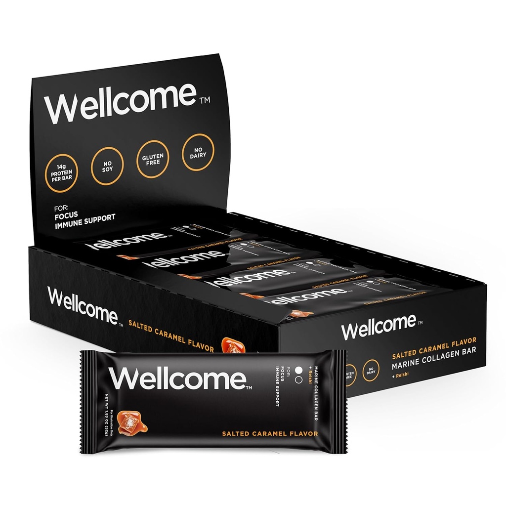 Wellcome Salted Caramel Marine Collagen Protein Bar med Reishi Mushroom för energi och immunstöd - Adaptogen Snack Bar - Dairy Free Health Bar för funktionell aktiv livsstil (Pack of 12)