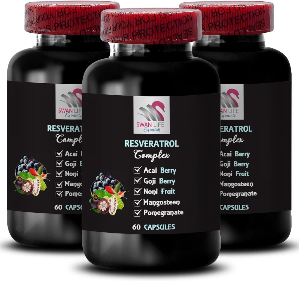 Marjaedut - RESVERATROL COMLEX - Elderberry Power, Päivittäinen antioksidantteja, Mustikka Teho, Maukas Boost, Noni Blend, Goji Berry Power, Nutritional Support, Acai Berry Vahvuus 3 pullot 180Caps