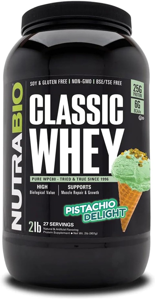 NutraBio Classic Whey Protein Powder- 25G Protein Per Scoop - Full- Spectrum Aminohappo profiili - Ei täyteaineita, keinotekoisia värejä, säilöntäaineita - (Pistachio Delight, 2 punta)
