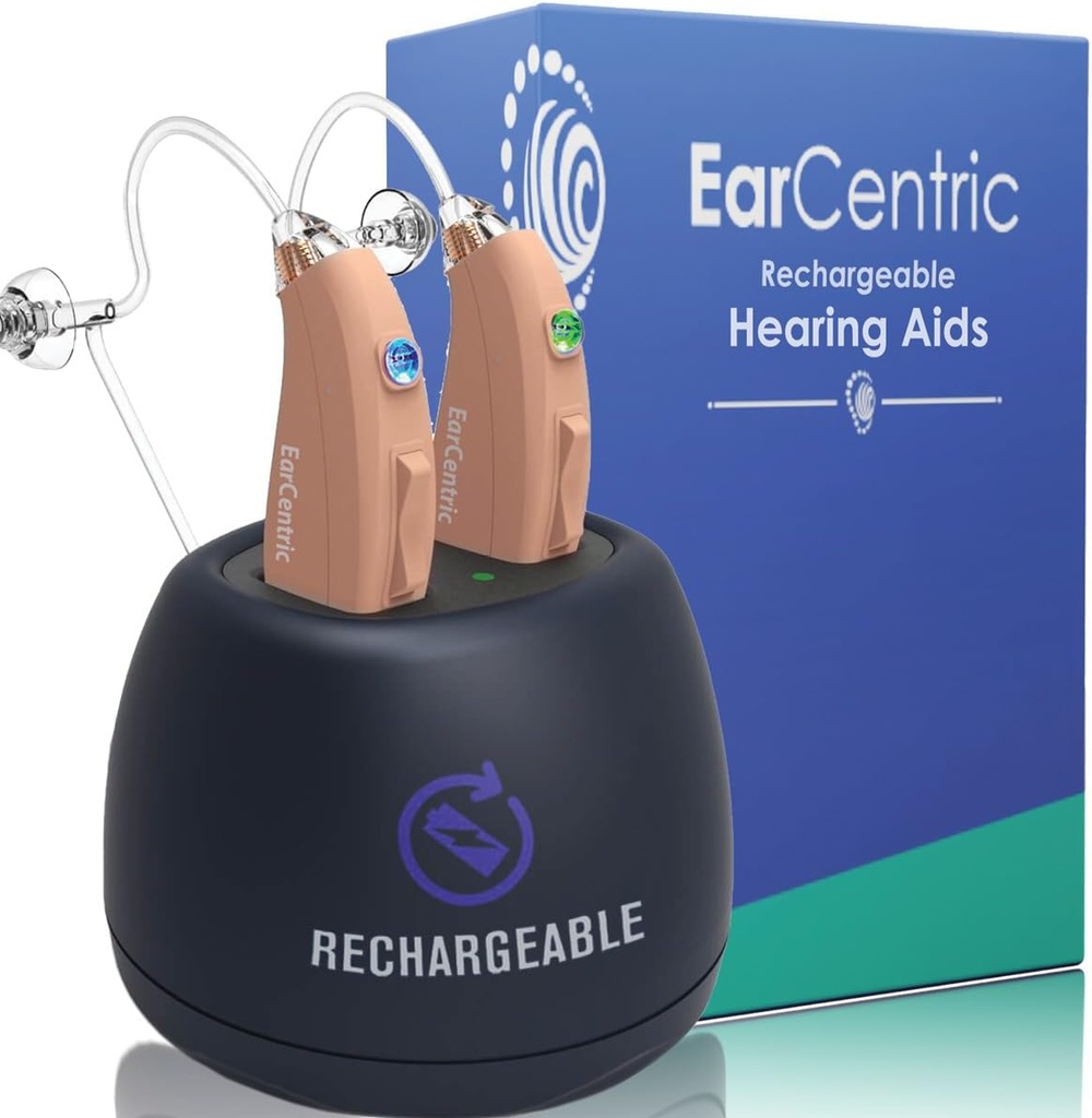 EarCentric EasyCharge Ladattavat kuulolaitteet (pari) senioreille, Behind-Ear BTE Ear Aid PSA digital Personal Sound vahvistin laitteet Melu Peruutus (Beige)