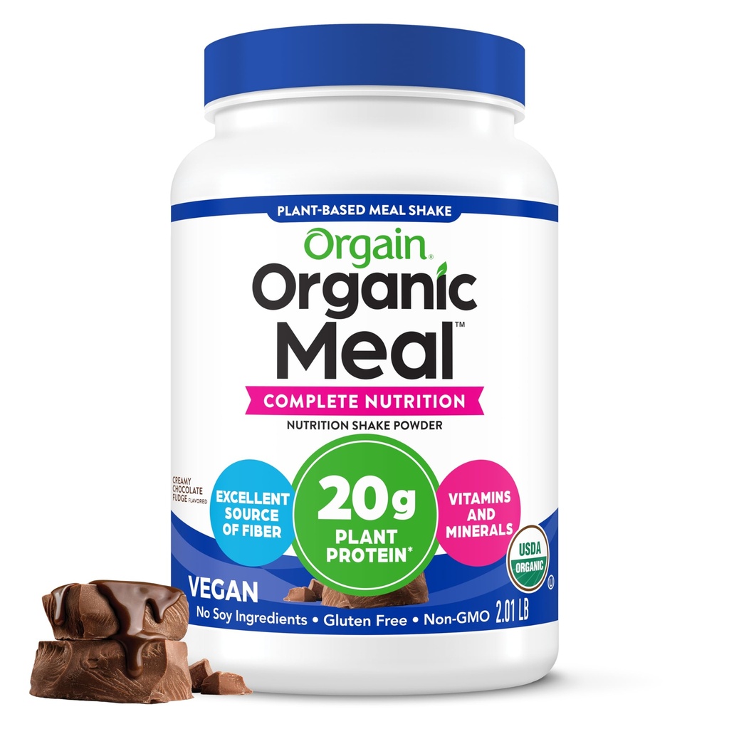 Orgain Organic Vegan Meal Replacement Protein Powder, Creamy Chocolate Fudge - 20g Kasvipohjainen proteiini, gluteeniton, Dairy Free, Laktoositon, soijaton, ei lisättyä sokeria, Smoothies & Shakes - 2,03 lb