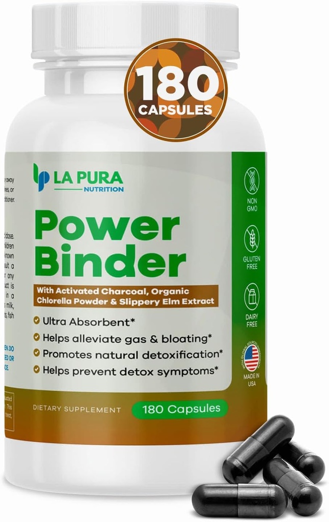 LaPura Power Binder Blend - Detox & Cleanse med aktivt kol, organisk Chlorella Powder & Slippery Elm Extract - hjälper till att lindra gas och uppblåsthet - främjar naturlig avgiftning - 180 kapslar