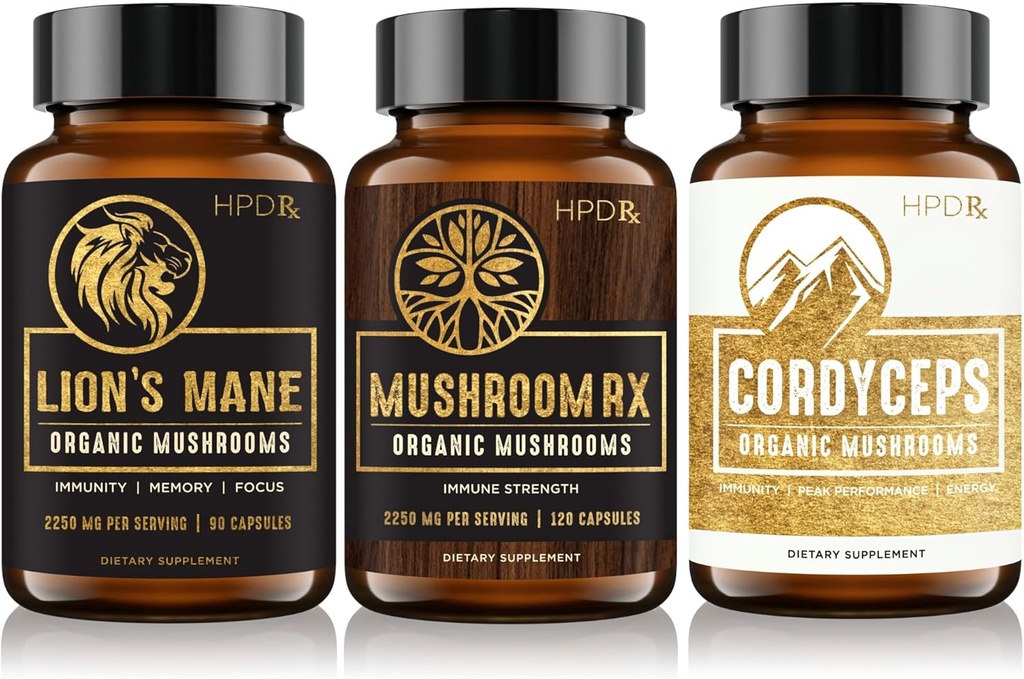 HPD Rx Organic Mushrooms Bundle Rx, Lions Mane & Cordyceps
