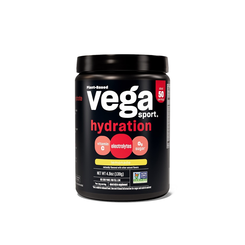 Vega Sport Hydration Electrolyte Powder, Limonade - Post Treout Recovery Juoma naisille ja miehille, C-vitamiini, Vegan, Keto, Sokeriton, Maidoton, Gluteeniton, Ei GMO, 4,9 oz