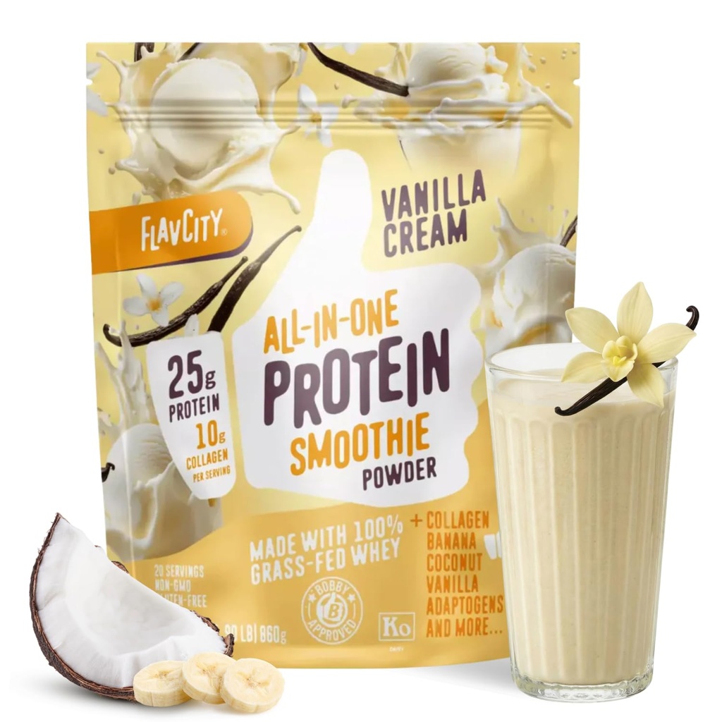 FlavCity Vanilla Kaikki in One Protein Shake Powder - On the Go Meal Alternative + Collagen Peptides, Reishi & Cordyceps - Focus, iho, hiukset & niveltuki - 100% Grass Fed Hei, 20 tarjoilua.