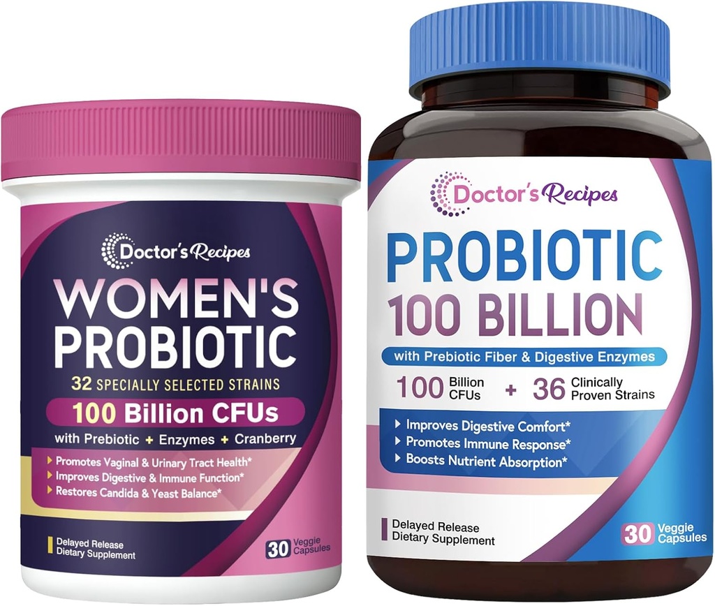 Doktorns recept Kvinnors Probiotika & Probiotika 100 miljarder CFUs Bundle, Vaginal & Urinary Health, Digestive Comfort för män och kvinnor, Shelf Stable, fördröjd frisättning